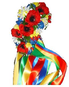 UKRAINIAN VINOK HEADPIECE Beautiful crafted, high quality vinok is made of silk flowers on red, blue, burgundy or green felt crown base, with colorful, long satin ribbons
